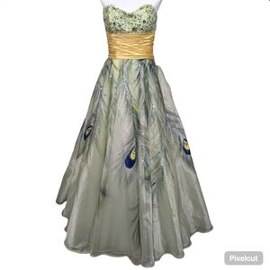 Tony Bowl Hand Painted Strapless Peacock Embellished Gown